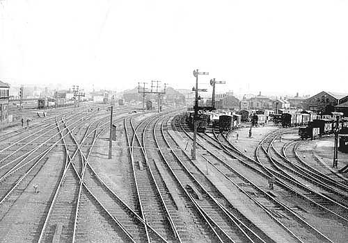 A 1930s view looking towards the station from the footbridge with the goods yard on the right
