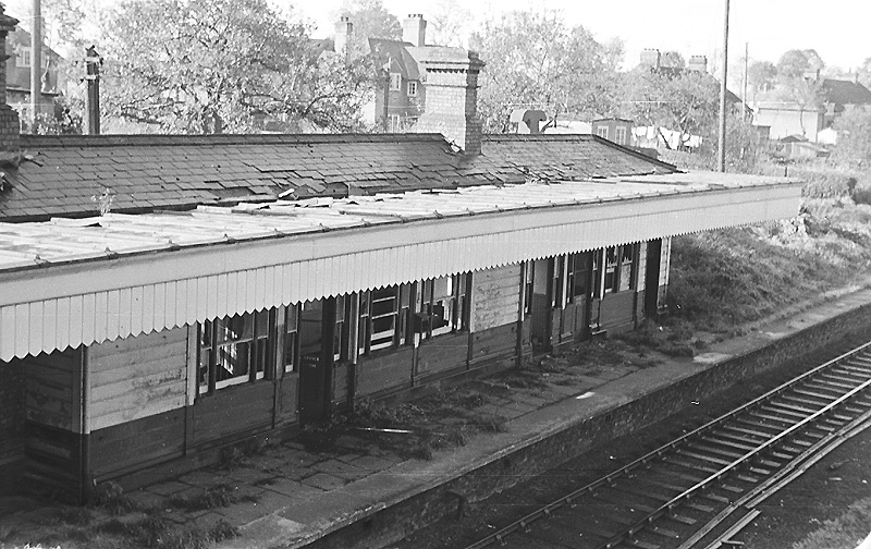 An oblique view of Southam & Long Itchington station's down platform building taken from the road bridge above the up platform