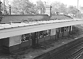 An oblique view of Southam & Long Itchington station's down platform building taken from the road bridge above the up platform