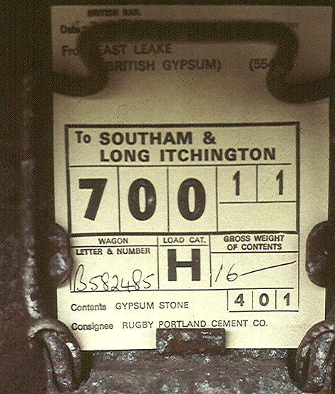 A wagon label photographed on one of the wagons in the sidings at Long Itchington