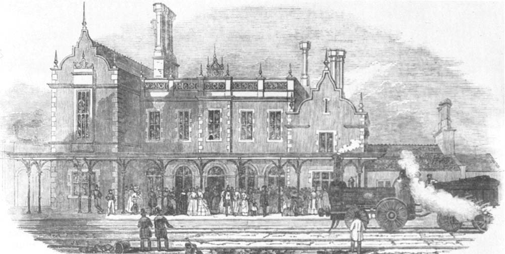 Illustrated News lithograph view of the original 1847 Livock designed station showing an early LNWR 2-2-0 arriving at Tamworth