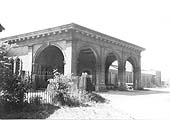 View of the original 1844 station's portico and forecourt built by the London & Birmingham Railway Warwick