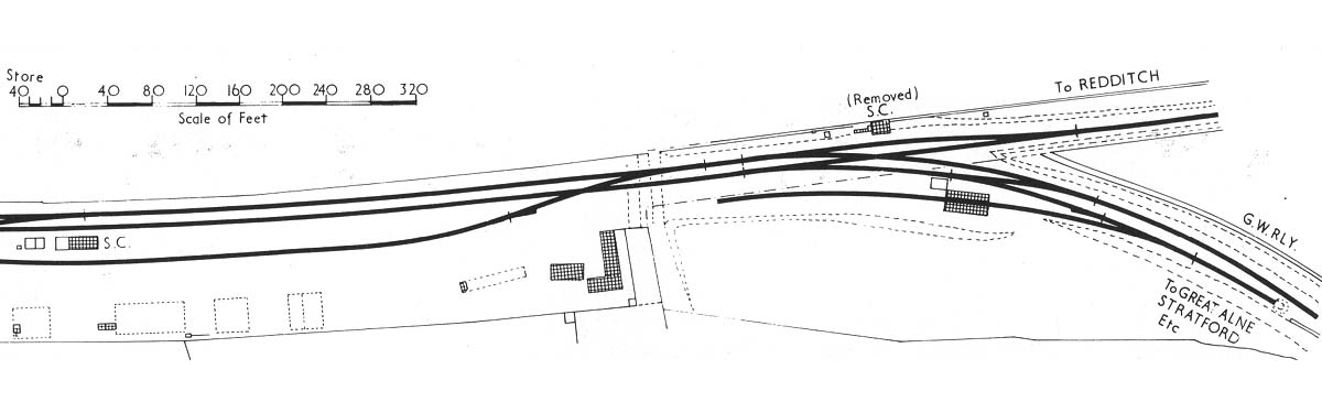 Close up showing the coal merchants staithes, the Alcester Railway junction, and GWR engine shed