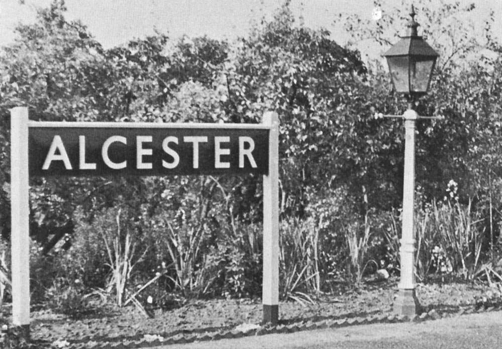 View of Alcester Station's name or 'running in board' in British Railway's Western Region corporate livery