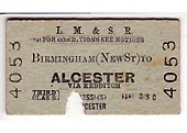 View of a LM&SR Birmingham to Alcester via Redditch Third Class Single ticket costing 3 shillings and eight pence