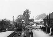Close up showing the trackwork to Alcester station's goods yard sidings and on the right, the shed, cattle dock and carriage landing