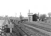 View of the junction with the Great Western Railway's branch line to Bearley with the GWR water tower and locomotive shed to its right