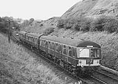 A three-car Craven DMU set leaves the eastern end of Arley Tunnel 'wrong line' on Sunday 23rd October 1966