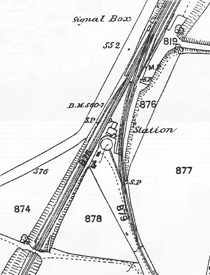 An 1884 Ordnance Survey map of Barnt Green station showing the turntable located behind the station building between the two lines