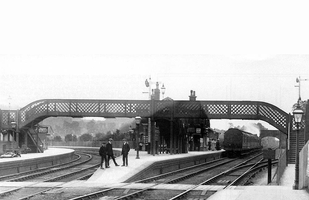 An Edwardian view of the station taken from the Bristol to Birmingham's up platform looking south as a southbound train departs
