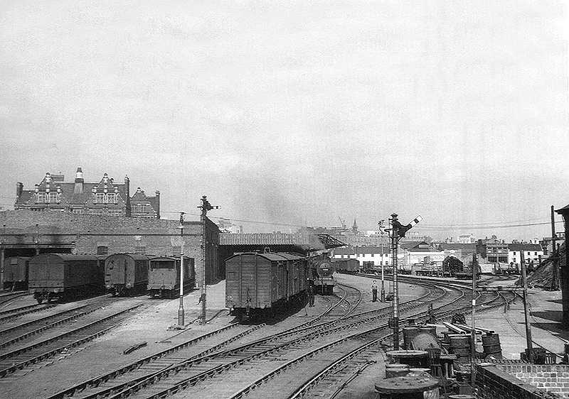 Looking towards the Central Goods Depot with the Matthew Boulton Technical College building towering above the rebuilt warehouse