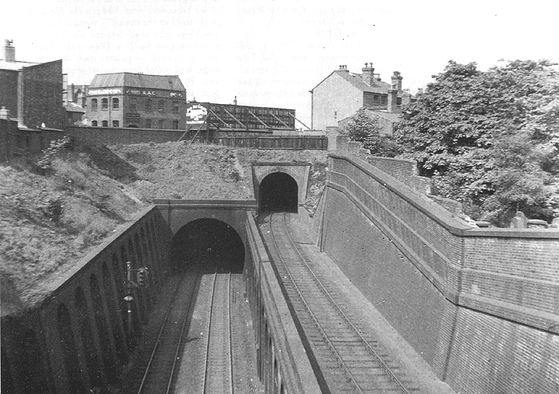 Looking towards Bath Row road bridge with the Jewish cemetery amongst the trees on the right circa 1957