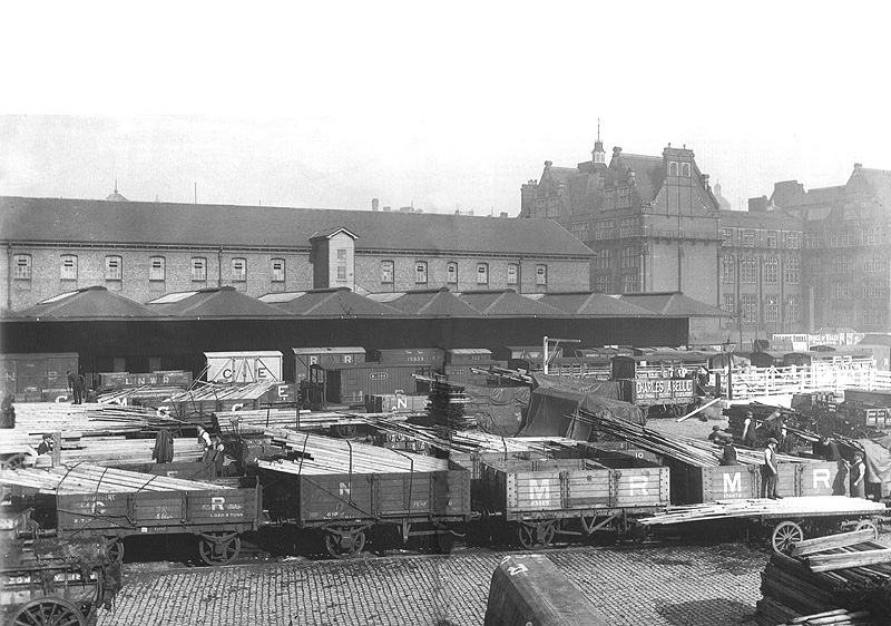 View of Birmingham Central Goods Station's warehouse and covered loading dock and platform seen from Severn Street