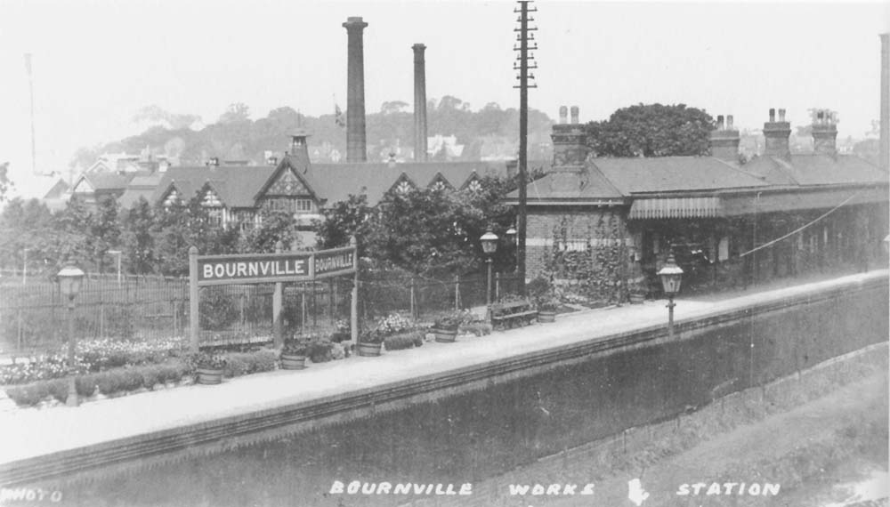 An Edwardian postcard view of Bournville station with the station buildings being located on the up, the original, platform