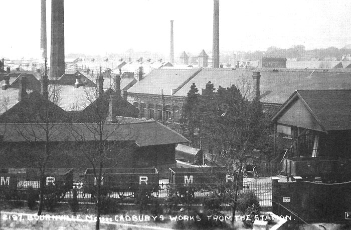 View of Cadbury's works and railway system seen from the station
