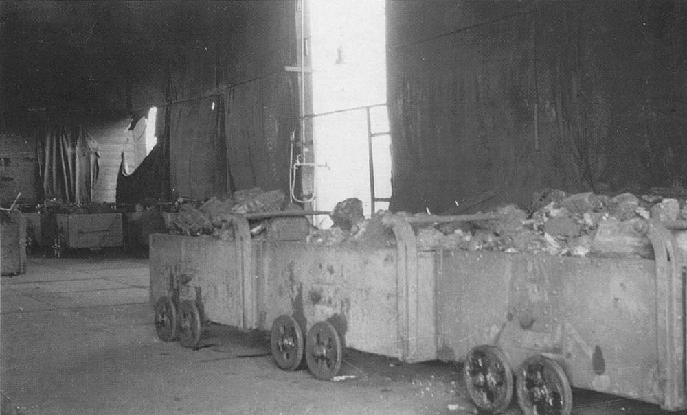 An internal view of Bournville shed's coaling stage showing the tubs used to tip the coal into the bunker or tender of locomotives