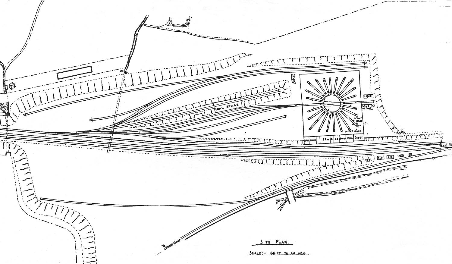 An undated schematic plan at one inch to sixty-six feet scale showing the layout of Bournville shed and yard