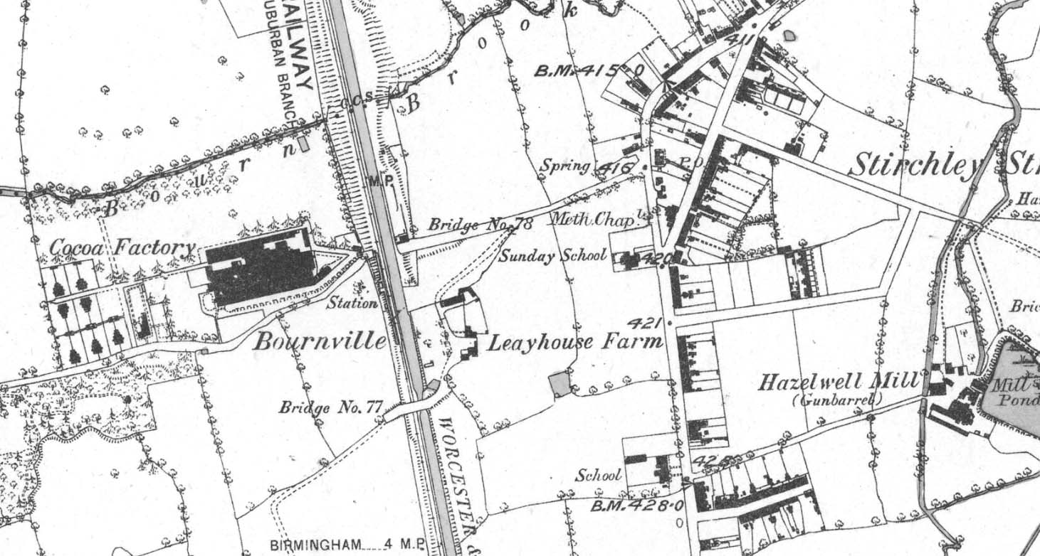 An 1882 Ordnance Survey Map showing the location of Bournville station prior to the erection of the shed