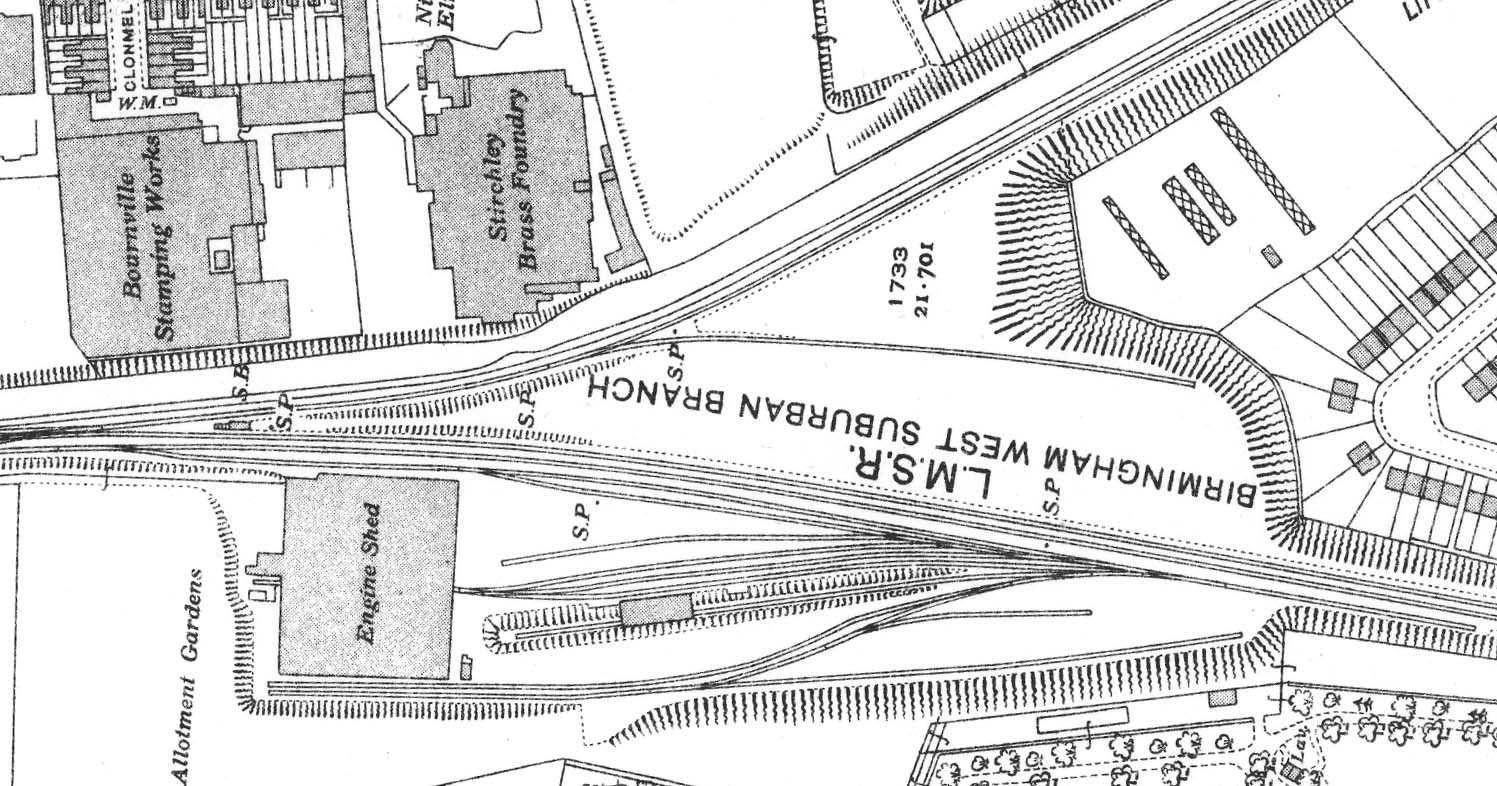 A 1937 Ordnance Survey Map showing the layout of Bournville shed and yard published in 1939