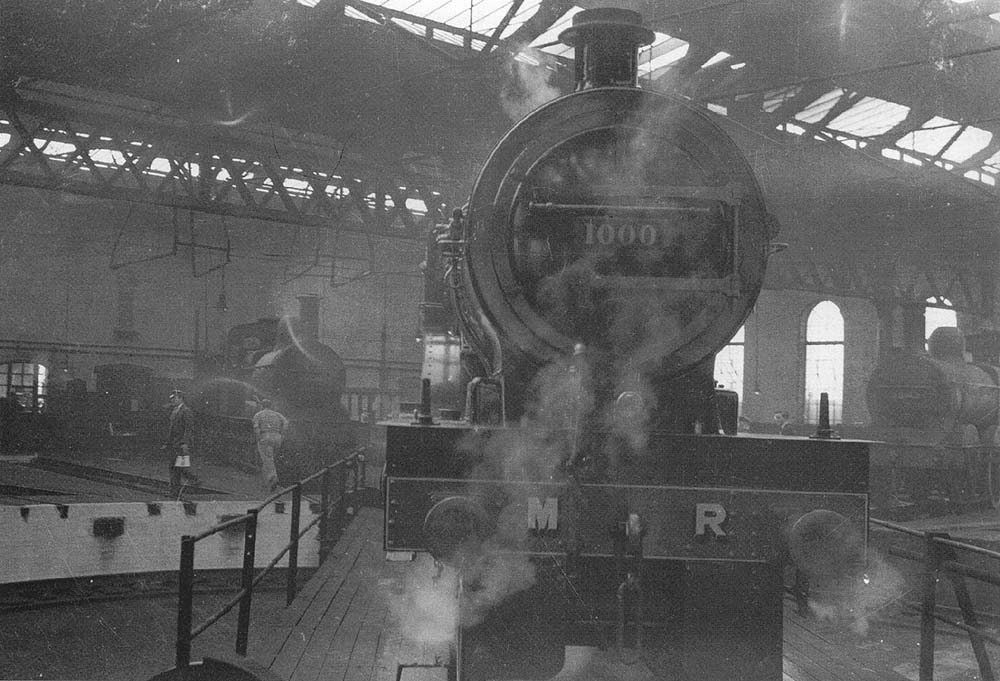 Restored LMS 4-4-0 4P Compound No 1000 is being turned on the turntable inside Bournville shed on 30th August 1959