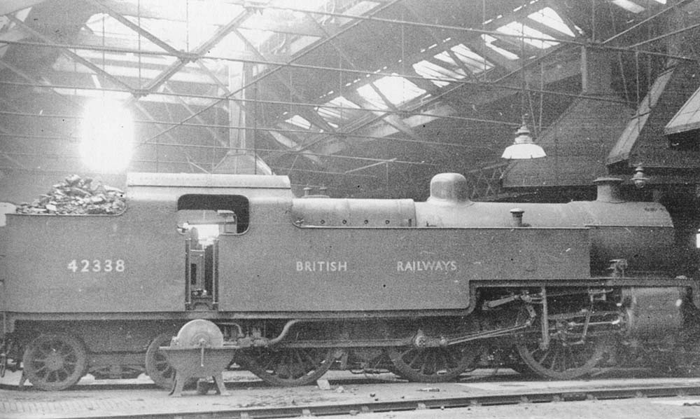 Ex-LMS 4P 2-6-4T No 42338, a Fowler design, is seen standing cold inside shed on Sunday 24th September 1950
