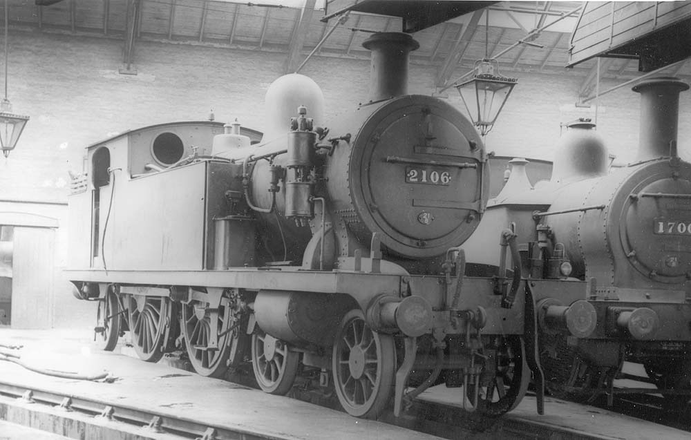 Ex-LTSR 2P 4-4-2T No 2106 photographed inside the roundhouse at Bournville on Saturday 15th June 1935