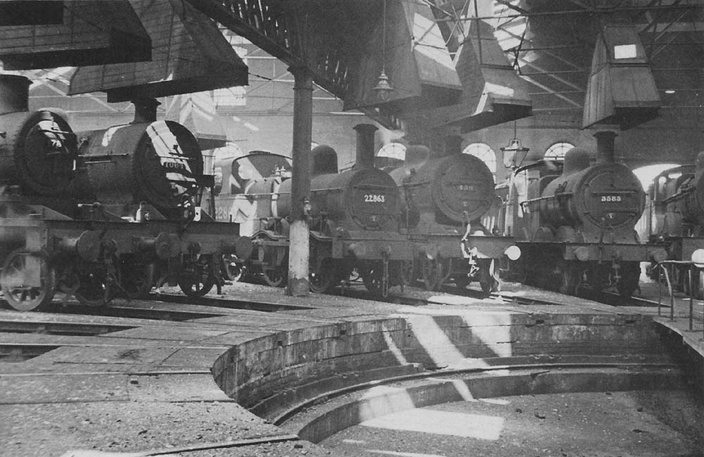 LMSR engines seen in the roundhouse at Bournville on a sunny Sunday in August 1947