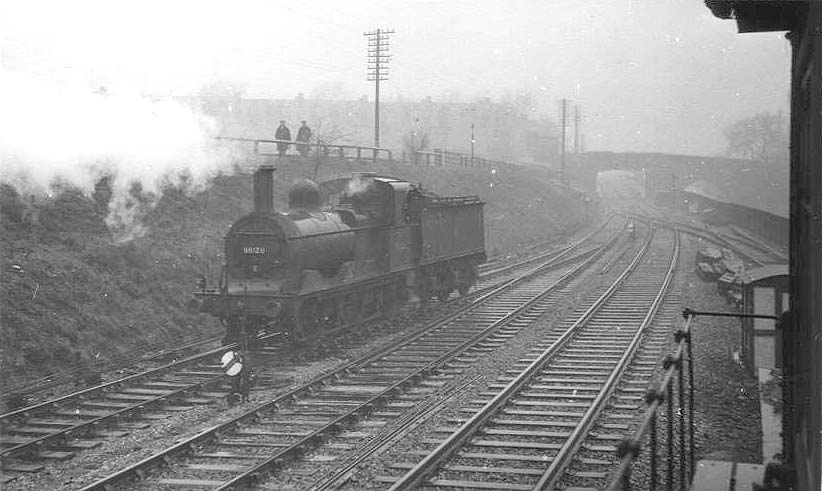 A view of ex-MR 2F 0-6-0 No 58126 departing from its home shed on Monday 27th April 1953