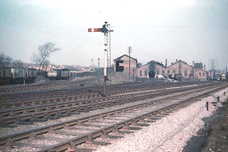 A fine panoramic view in colour of Bournville shed and yard seen on Sunday 11th March 1956