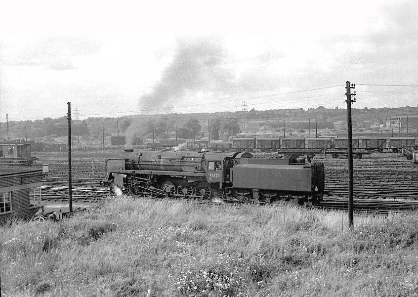 British Railways 2-10-0 Standard Class 9F No 92223 departs light engine from Washwood Heath sidings headshunt circa 1966