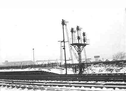 An array of signals at the east end of Bromford Bridge station's up platform circa 1962