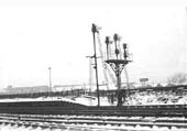 An array of signals at the east end of Bromford Bridge station's up platform circa 1962