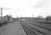Looking along the station's down platform with the LMS Signal Box on the left and the up platform on the right