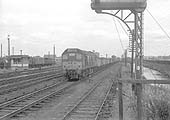 An unidentified 'Brush' Type 2 Diesel locomotive approaches Bromford Bridge with a down coal train in 1963