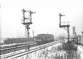 Seen  from the horse dock, an unidentified Sulzer Type 4 Diesel locomotive approaches Bromford Bridge in 1962