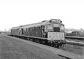 View of British Railways Type 2 D5183 locomotive coupled with an unknown classmate standing at Bromford Bridge station's up platform