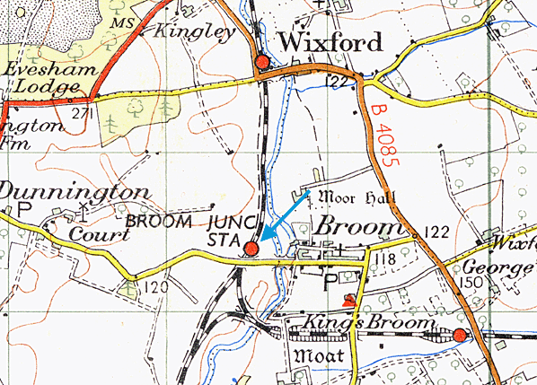Ordnance Survey map showing the location of Broom Junction station after the construction of the southern junction in 1942