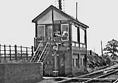 Close up of Broom North Signal Box showing the 'bobby' standing in the doorway of the machine room