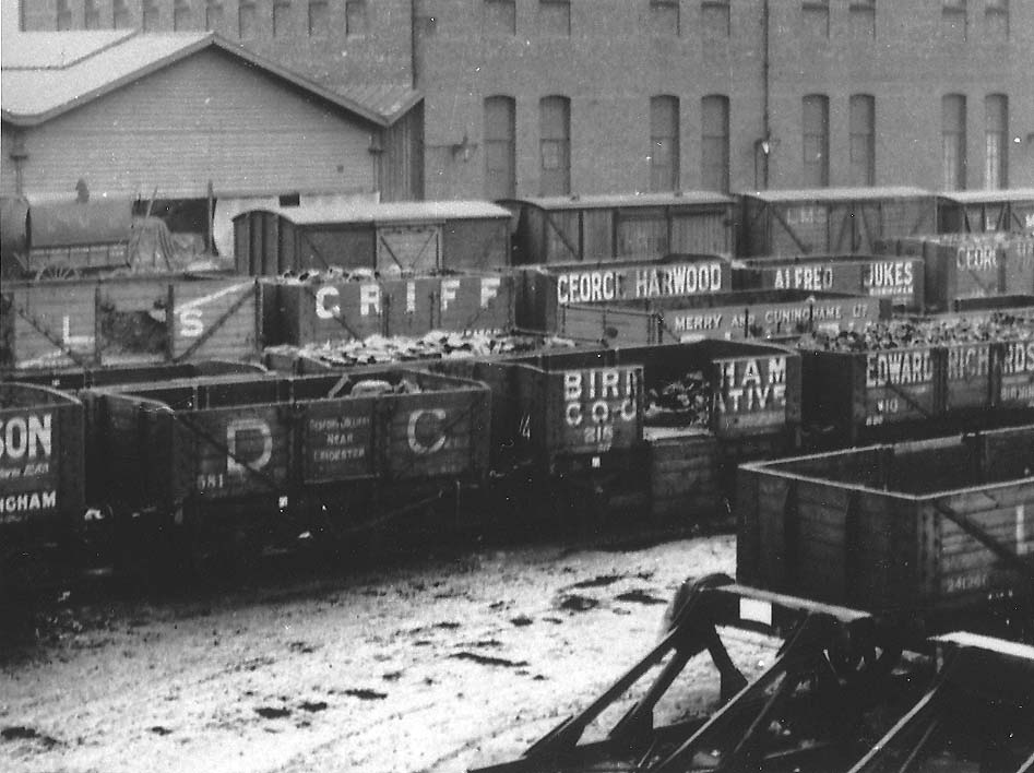 Close up showing the variety of open and covered wagons using Camp Hill goods yard in the early 1930s