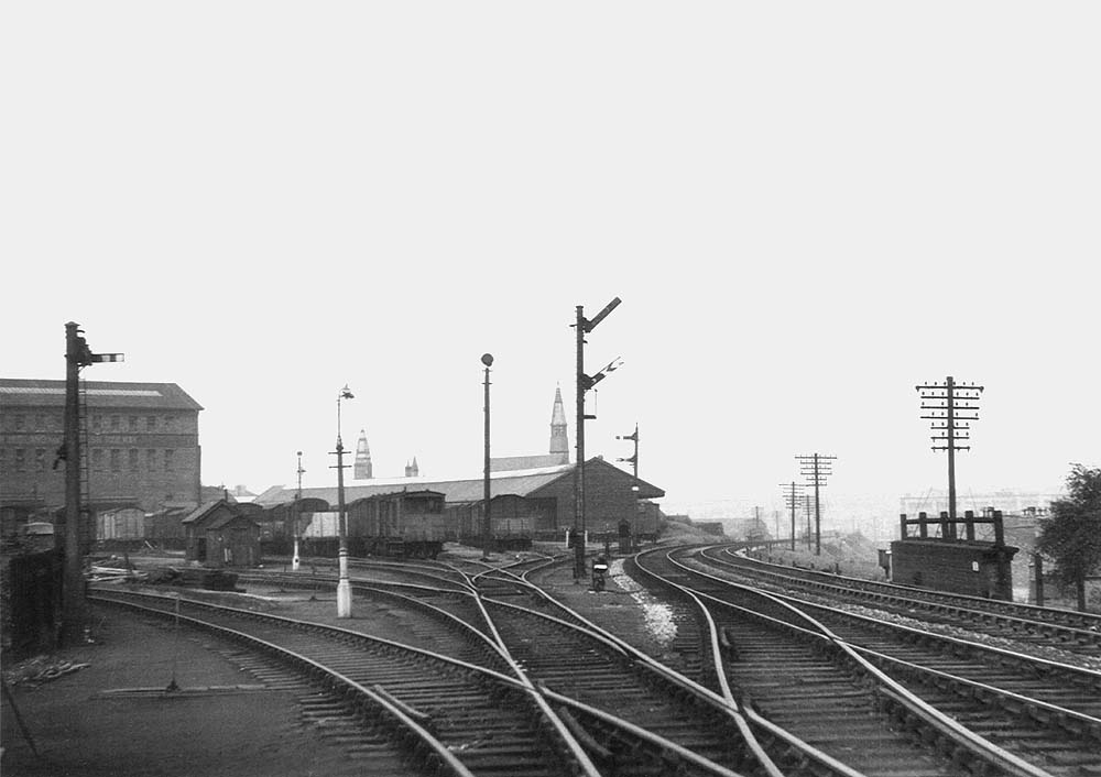 View of Camp Hill Goods & Grain Warehouse on the left and the main sidings to the centre as seen on 22nd August 1954