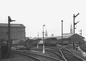Close up showing Camp Hill Goods and Grain Warehouse and the main sidings in the yard  on 22nd August 1954