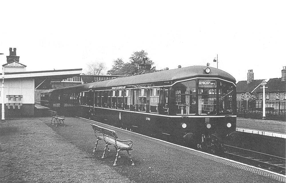 British Railways Derby Lightweight two-car Diesel Multiple Units stand on the down platform during May 1955