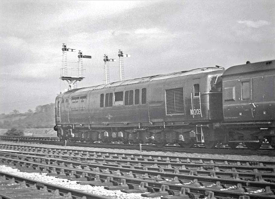 Bulleid 1CoCo1 Diesel Electric No 10203 passes the fine array of signals, controlled by Castle Bromwich Junction Signal Box