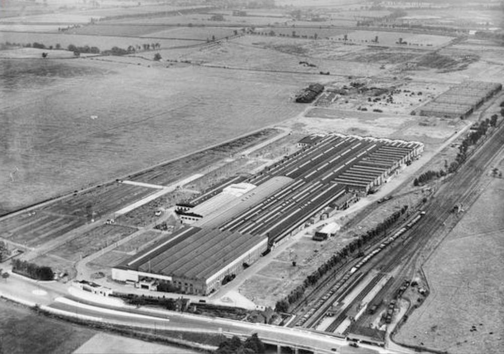 Third of seven aerial photographs showing the British Industries Fair exhibition hall and Castle Bromwich station and goods yard