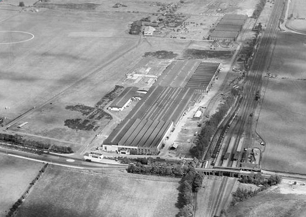 Sixth of seven aerial photographs showing the British Industries Fair exhibition hall and Castle Bromwich station and goods yard