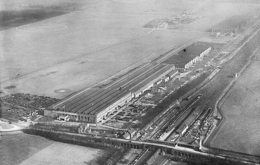 Last of seven aerial photographs showing the British Industries Fair exhibition hall and Castle Bromwich station and goods yard