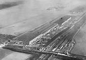 Last of seven aerial photographs showing the British Industries Fair exhibition hall and Castle Bromwich station and goods yard