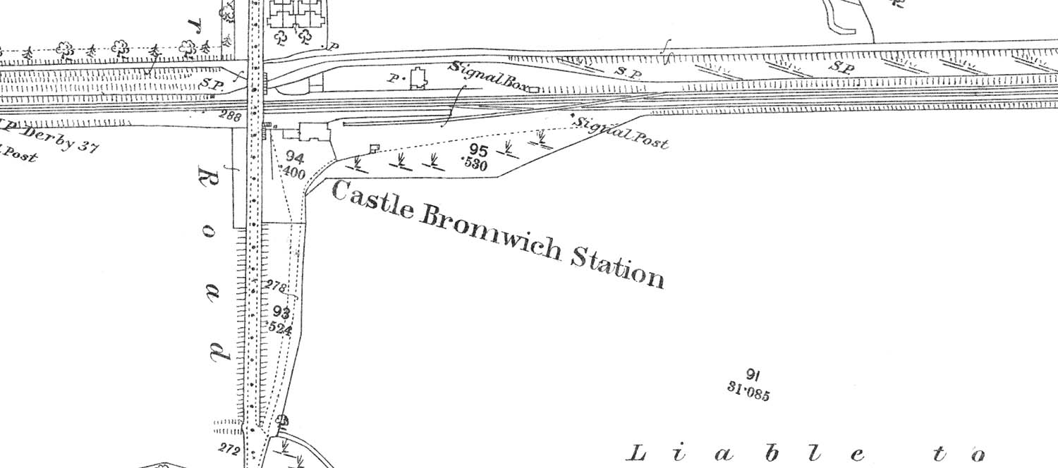 Close up of the 1886 25 inch to the mile Ordnance Survey Map showing the original two platform Castle Bromwich station and goods yard with single siding
