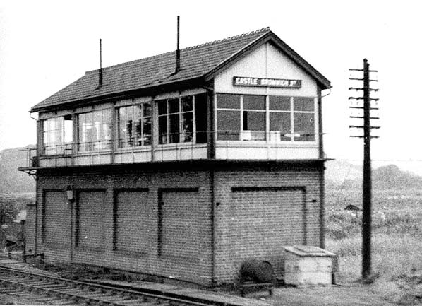 Two views of the western elevation and front of Castle Bromwich Junction Signal Box as seen in 1963