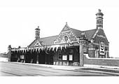 The exterior of Castle Bromwich station which fronted on to Chester Road is all decked out with bunting in 1955